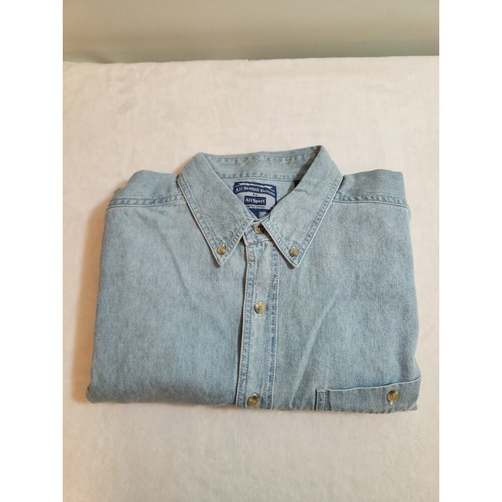All Seasons Denim 100% Cotton Shirt Mens Large Blue Long Sleeve Chaps Allsport